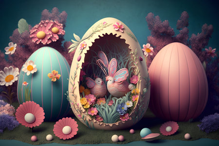 Easter eggs with flowers and birds in the nest. 3d illustrationの写真素材