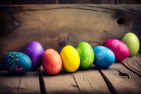 Colorful easter eggs on a wooden background. Vintage style.の写真素材