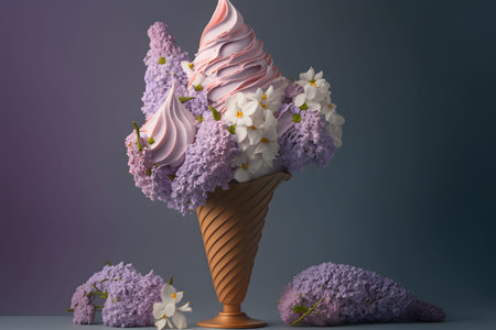 Ice cream with spring flowers in a waffle cone. 3d renderingの写真素材