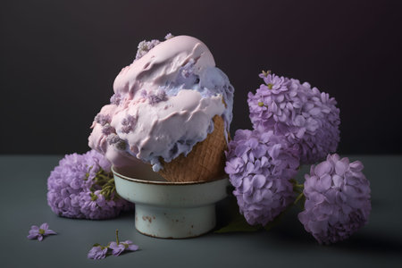 Lilac ice cream with lilac flowers on a dark backgroundの写真素材