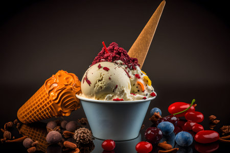 ice cream with fruits and berries in a bowl on a black background