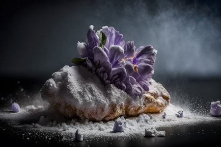 Cake sprinkled with powdered sugar and purple iris flower on a dark background
