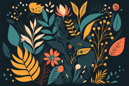 Hand drawn vector abstract floral illustration with plants and flowers. Scandinavian style.のイラスト素材