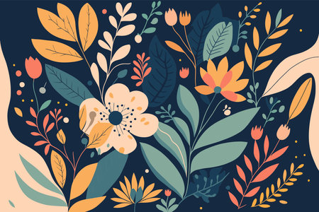 Floral background with flowers and leaves. Vector illustration in flat styleのイラスト素材