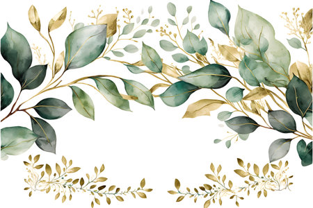 Watercolor floral border with green leaves, branches and twigs.の写真素材