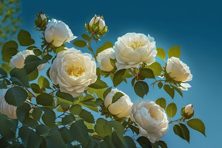 White roses in the garden on a background of blue sky, close-upの写真素材