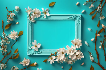 Frame with spring flowers on blue background, flat lay. Space for text