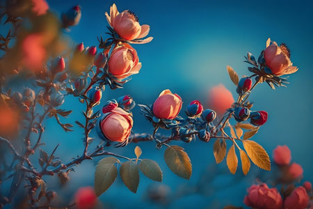 Beautiful blooming rosehip flowers on a background of blue skyの写真素材
