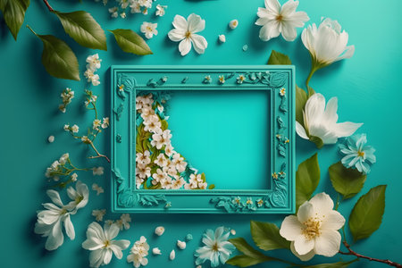 Frame with jasmine flowers and green leaves on turquoise backgroundの写真素材