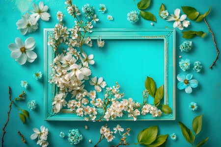 Flowers composition. Frame and flowers on turquoise background. Flat lay, top view, copy space