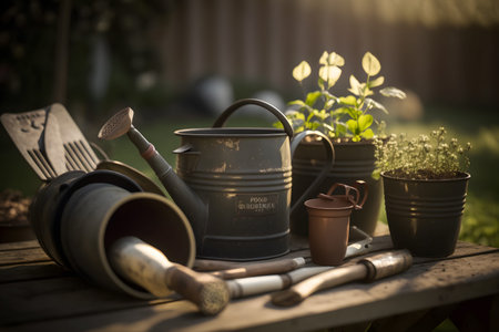 Gardening tools on a wooden table in the garden at sunset