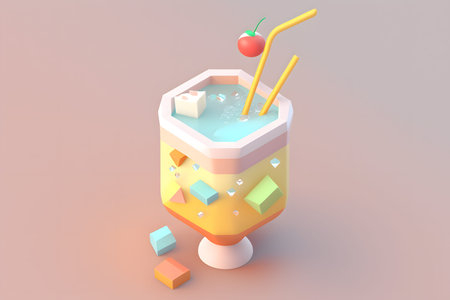 Cocktail with ice cubes and straws. 3d illustrationの写真素材