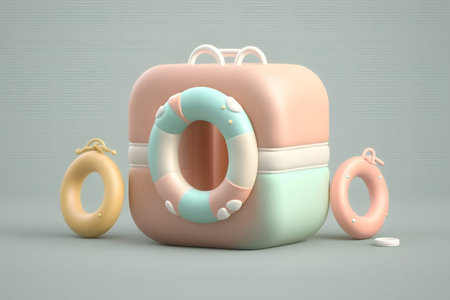 3d rendering of a pink and blue lifebuoy with rings on a gray background