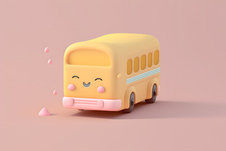 3d rendering of a school bus character isolated on pink background.の写真素材