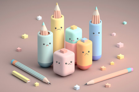 3d illustration of cute pencils in pastel colors, 3d renderingの写真素材