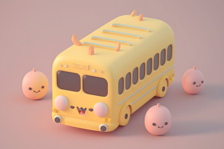 3d rendering of school bus with funny faces on a pink backgroundの写真素材
