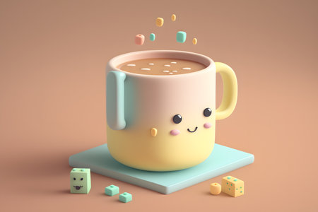 Cute cup of hot chocolate with dice. 3D rendering.の写真素材