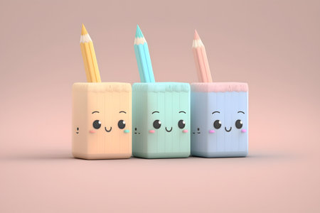 3d render of cute pencils with happy faces on pink backgroundの写真素材