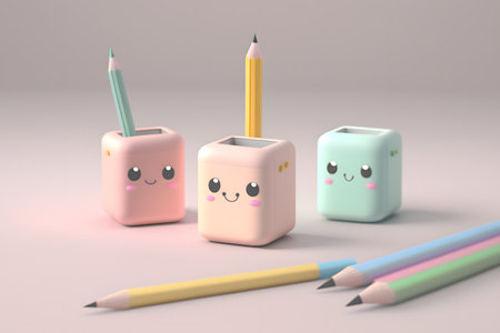 Cute 3d rendering of colorful pencils with cute faces.の写真素材