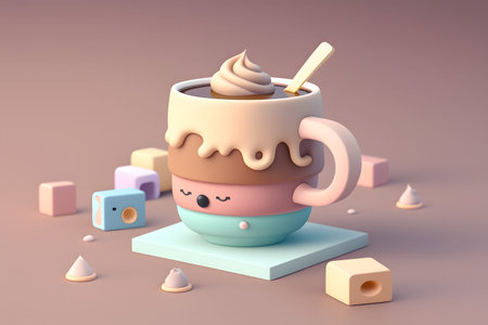 3d illustration of cup of coffee with ice cream and marshmallow