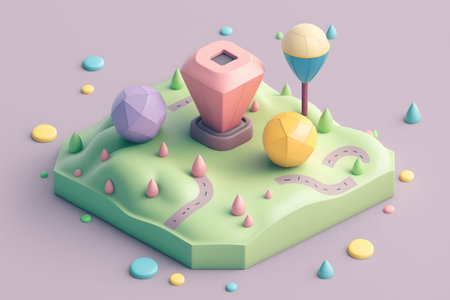 3d rendering of isometric landscape with road, ball, road and clouds