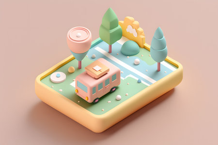 3d illustration of isometric city map with road, bus and treesの写真素材