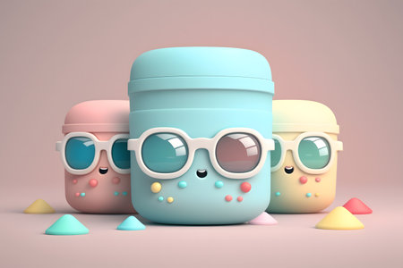 cosmetic cream jar with sunglasses 3d render on a pink backgroundの写真素材