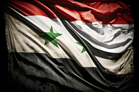Syrian Arab Republic waving flag in the wind on a dark background.の写真素材