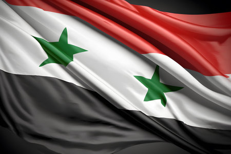 Flag of Syria waving in the wind. Close up. Background texture.の写真素材