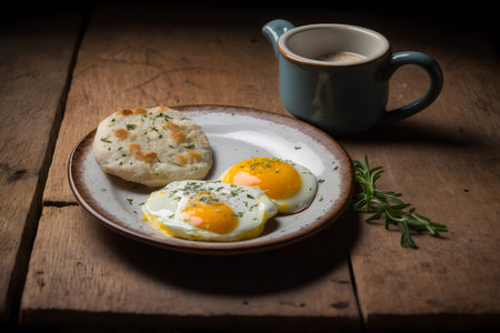 Breakfast with fried eggs, bread and green beans on rustic background
