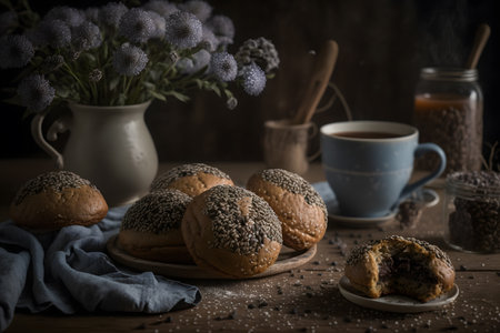 Bread with poppy seeds and cup of coffee on wooden background.の写真素材