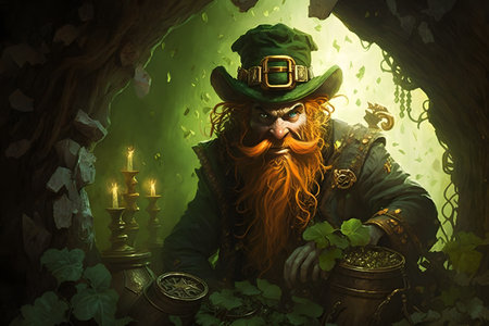 Leprechaun with a green beard and hat in a dark cave.の写真素材