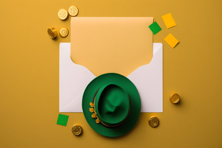 top view of green hat and envelope with golden coins on yellow backgroundの写真素材