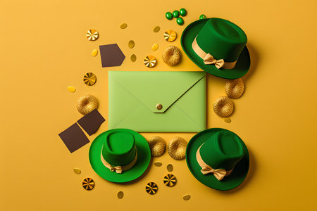 Happy St. Patrick's Day. Green hat, envelope and gold confetti on yellow backgroundの写真素材