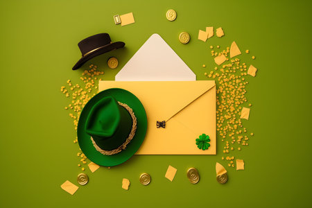 Happy St. Patrick's Day. Green hat, envelope, gold coins on green background.の写真素材