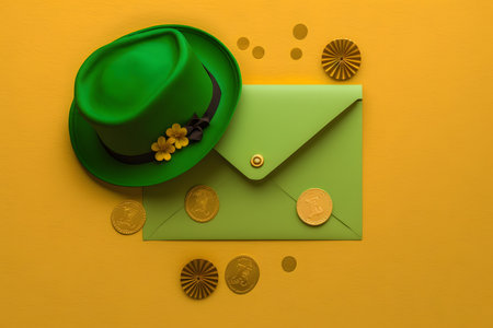 Green hat, envelope and coins on yellow background. 3d illustrationの写真素材