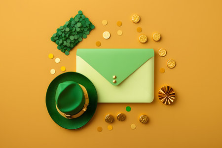 St. Patrick's Day concept with green hat, envelope, coins and shamrock on orange backgroundの写真素材