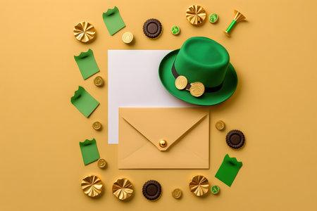 St. Patrick's Day celebration concept. Top view of green leprechaun hat, envelope, golden coins, shamrock and gold confetti on yellow backgroundの写真素材