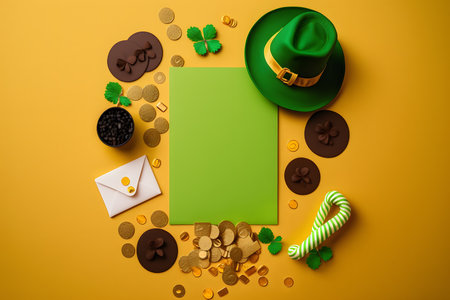 St. Patrick's Day flat lay with green hat, leprechaun hat, shamrock, coins, candies and green card on yellow backgroundの写真素材