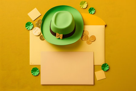 St. Patrick's Day composition. Green hat, paper cards, gold coins and shamrock on yellow background. Top view, flat layの写真素材
