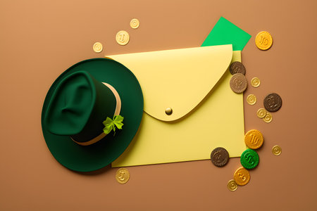 St. Patrick's Day concept. Leprechaun hat and envelope with coins on brown backgroundの写真素材
