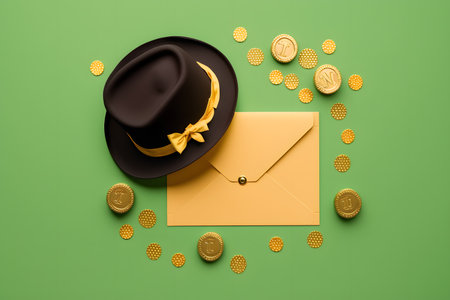 top view of black hat, golden coins and envelope on green backgroundの写真素材