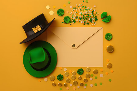 top view of green hat, golden coins, clover leaves and envelope on yellow backgroundの写真素材
