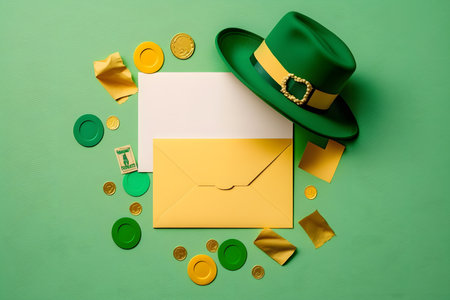 Leprechaun hat, envelope and gold coins on green backgroundの写真素材