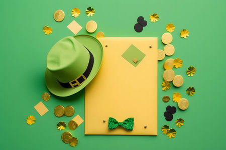 3d render of Leprechaun hat and cards on green backgroundの写真素材