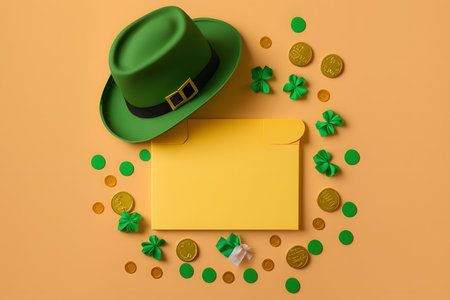 St. Patrick's Day greeting card with Leprechaun hat and gold coins on orange background. 3D Renderingの写真素材