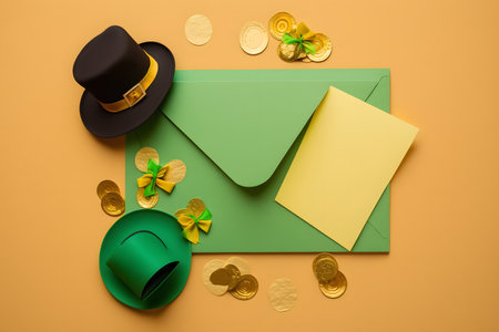 Top view of a green envelope with gold coins and a black hatの写真素材
