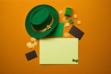 St. Patrick's Day background. Green hat, shamrock, cards, gold coins on orange background.の写真素材