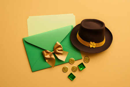3d illustration of green envelope with golden bow, gold coins and hatの写真素材