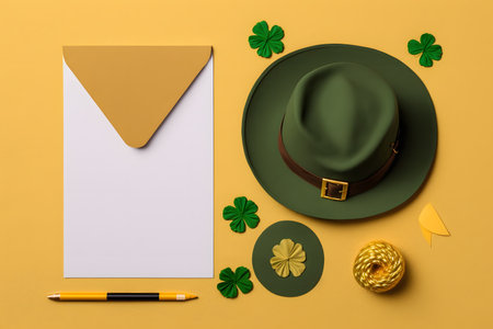 St. Patrick's Day composition. Green hat, leprechaun hat, envelope, gold coin, golden leprechaun shamrock leaves on yellow background. Flat lay, top view, copy spaceの写真素材